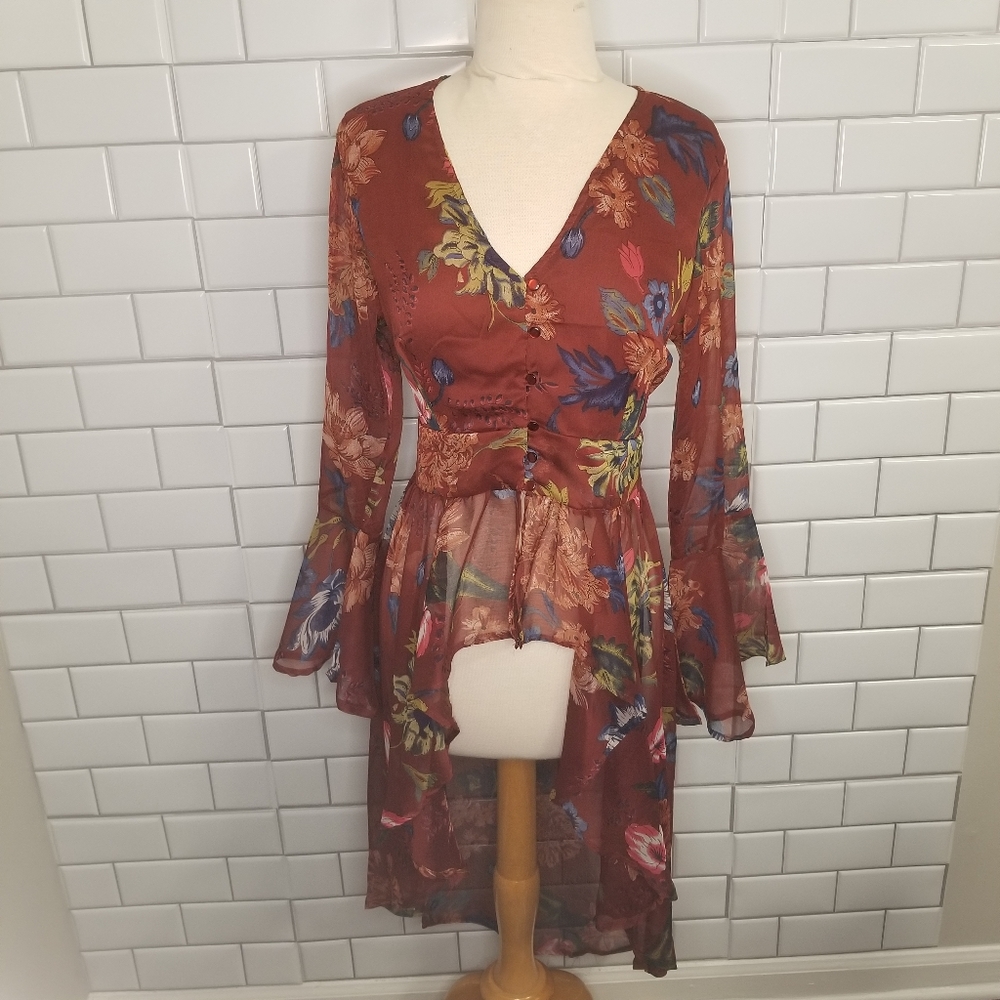Perfect Fall Thread Story Loose Flowy High Low Blouse with Fluted Sleeves